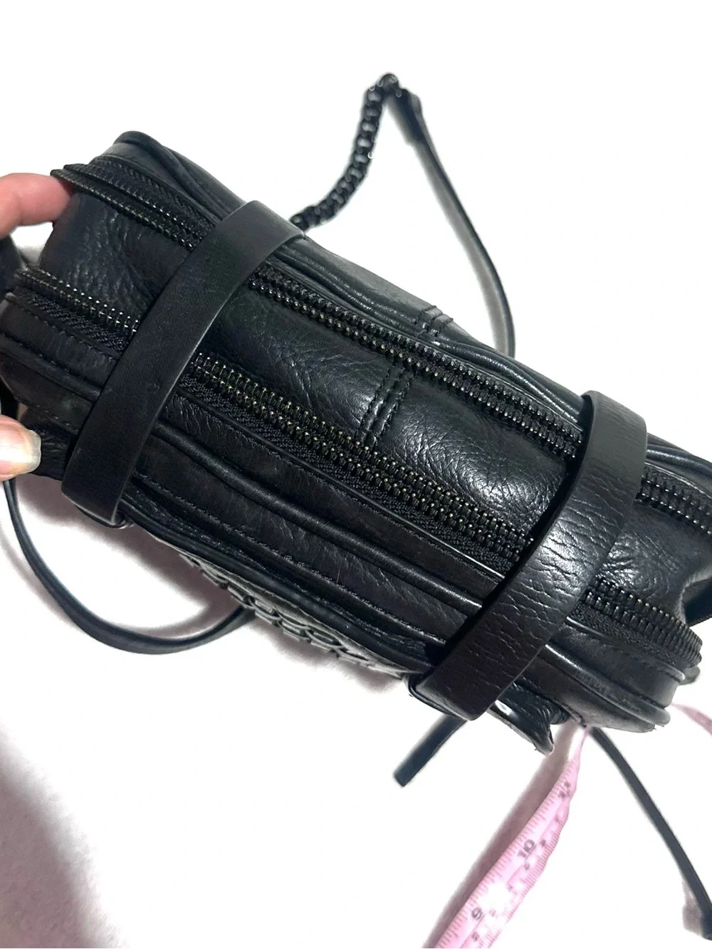 Woven Front Black Leather Crossbody Bag